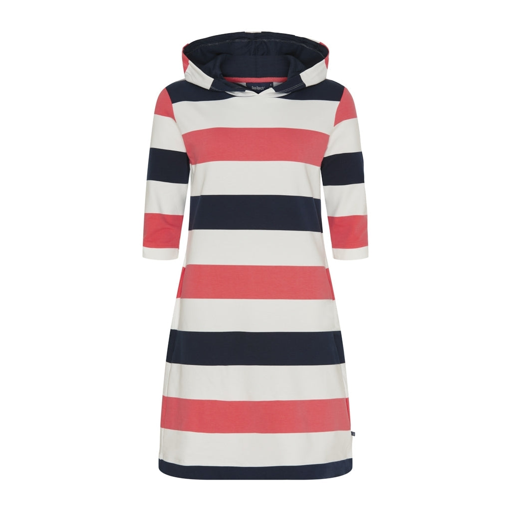 Ronja Striped 3/4 Sleeve Sweat Dress - Calypso Coral / Pearl / Dark Navy
