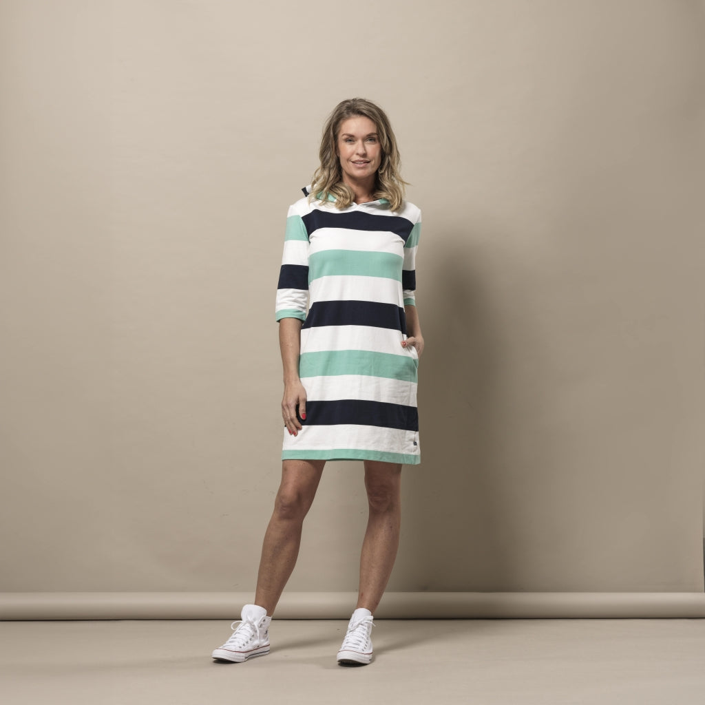 Ronja Striped 3/4 Sleeve Sweat Dress - Mint Green / Pearl / Dark Navy
