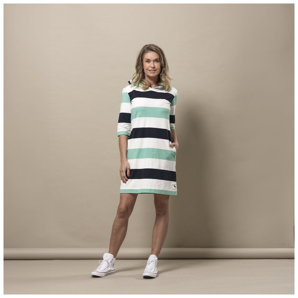 Ronja Striped 3/4 Sleeve Sweat Dress - Mint Green / Pearl / Dark Navy