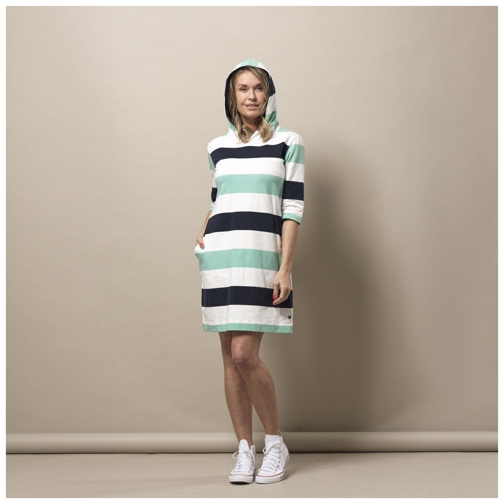 Ronja Striped 3/4 Sleeve Sweat Dress - Mint Green / Pearl / Dark Navy