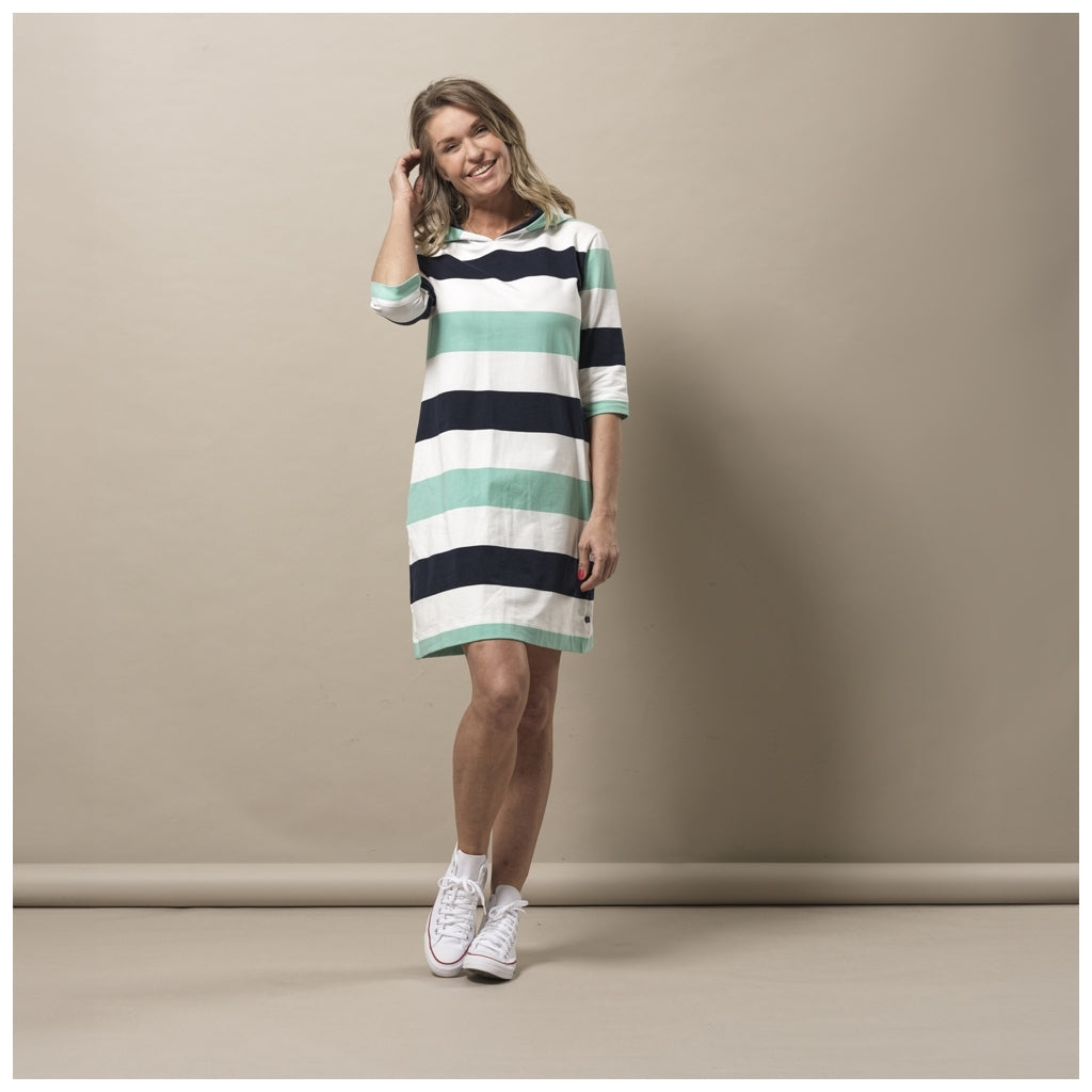 Ronja Striped 3/4 Sleeve Sweat Dress - Mint Green / Pearl / Dark Navy